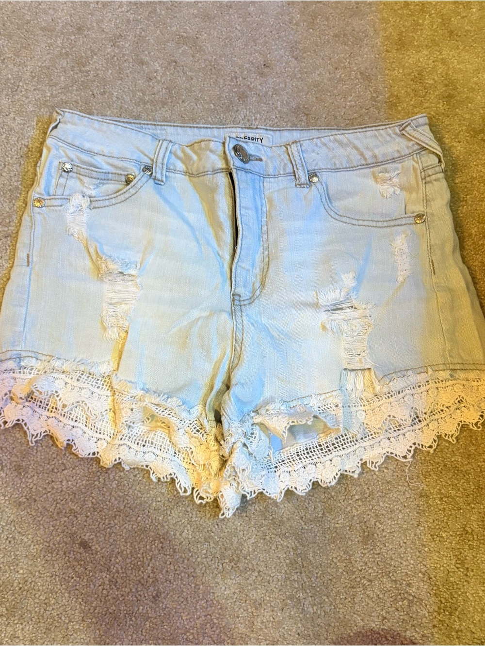 Celebrity Pink Light Blue Distressed Denim Shorts with White Lace Trim